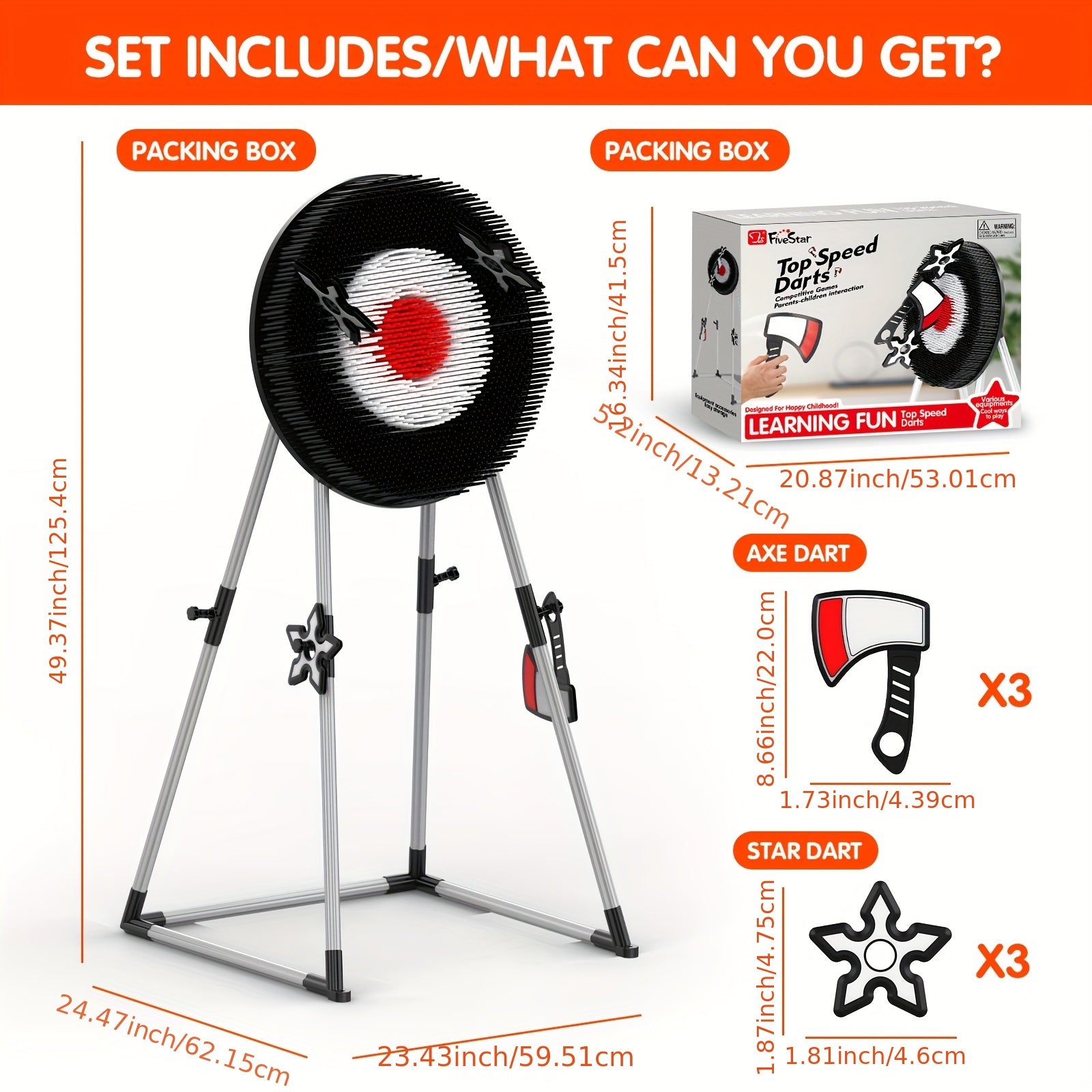 AxeMaster target game set with black and red bullseye board, 3 foam axes and 3 ninja stars on adjustable metal stand