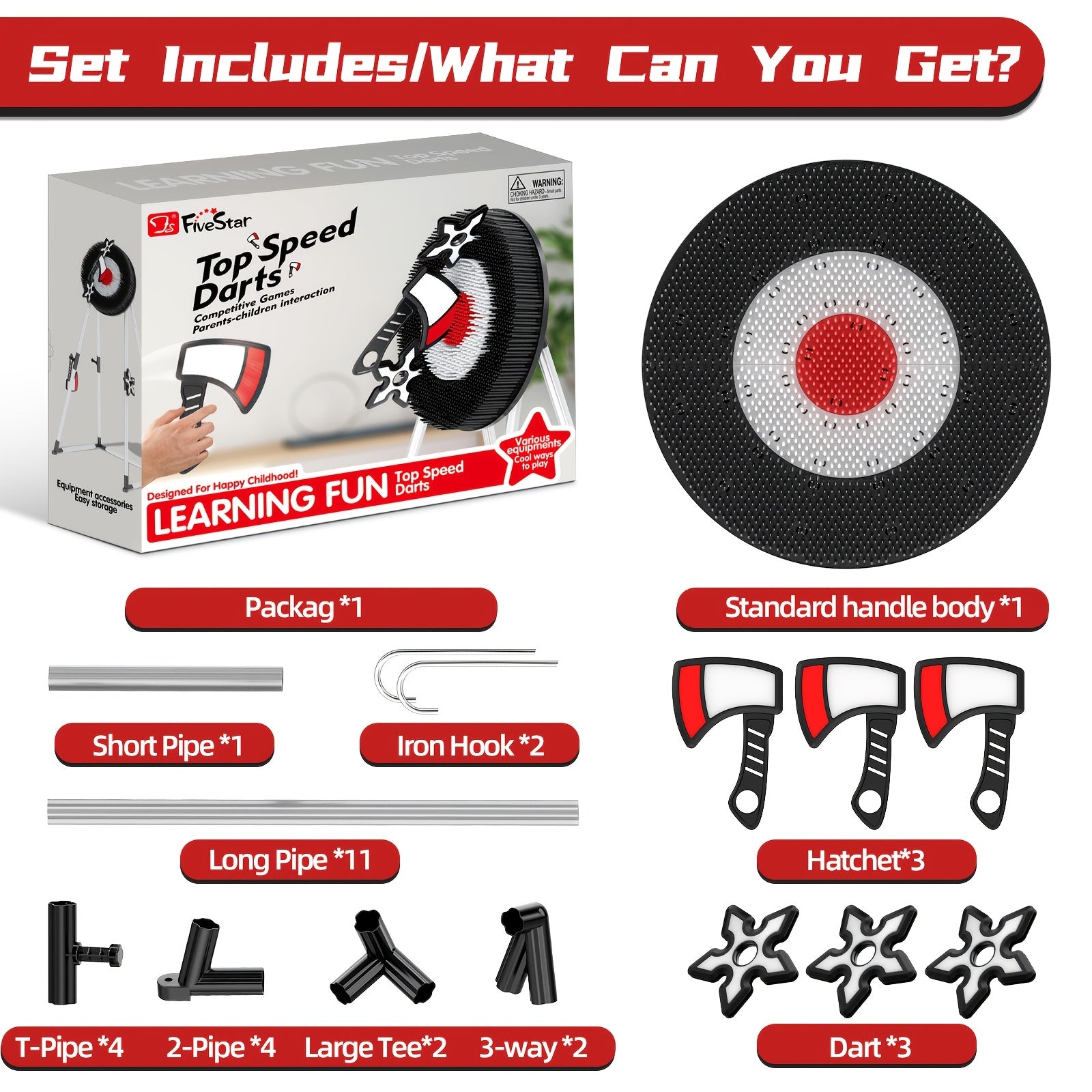 AxeMaster target game set with foam axes, ninja darts, circular bullseye board and mounting accessories on white background