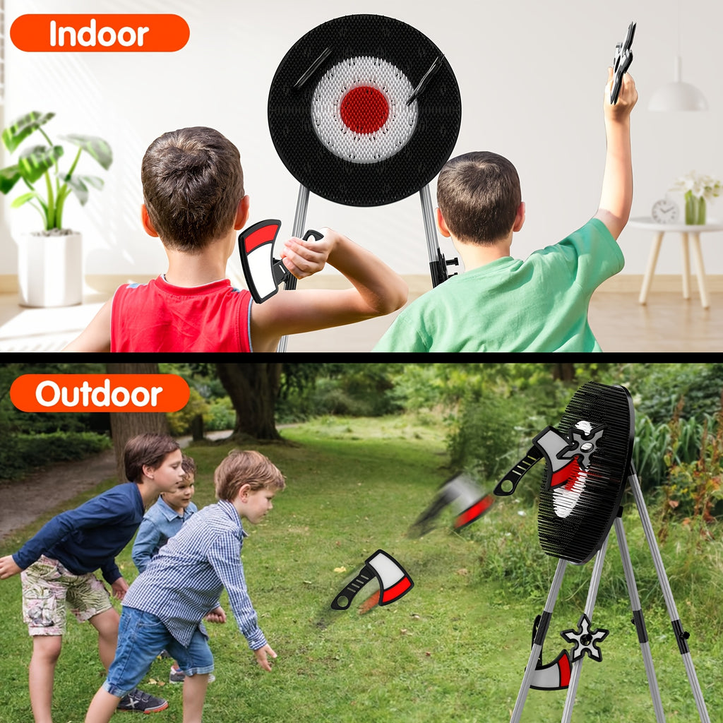 AxeMaster target game with foam axes shown in indoor and outdoor play settings with circular bullseye board and players throwing