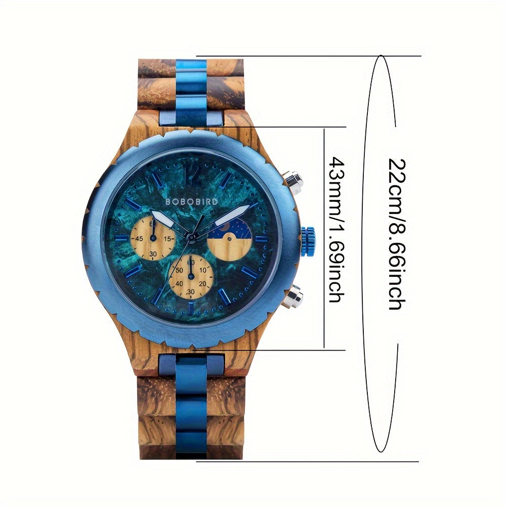 BOBO BIRD HighPeak wooden watch with blue metal accents and turquoise chronograph dial - zebra wood band with measurements shown