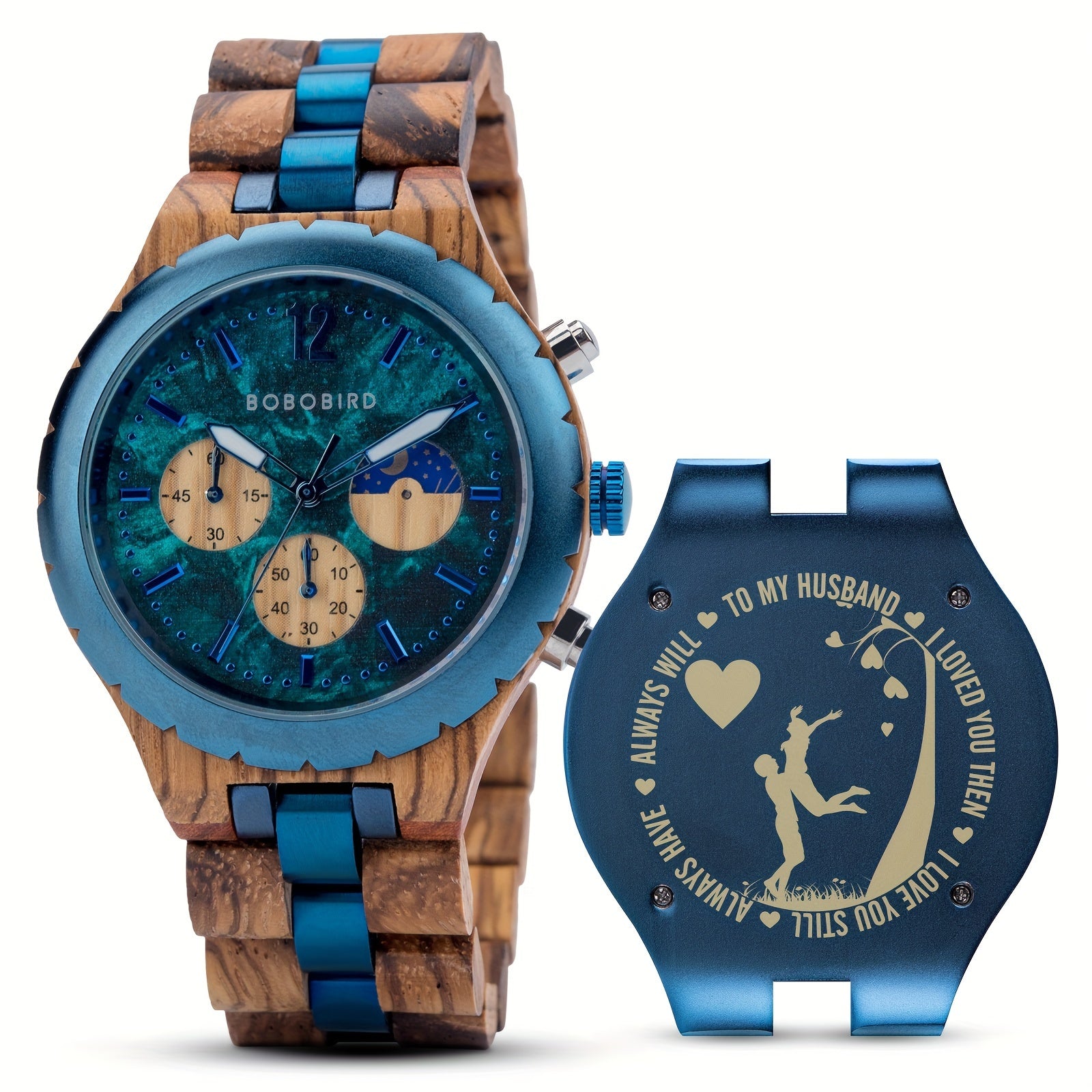 BOBO BIRD Zebra wood watch with blue metal accents and romantic engraving - elegant chronograph timepiece for men