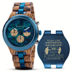 BOBO BIRD engraved wooden watch with blue accents and zebra wood band featuring turquoise chronograph dial and love message