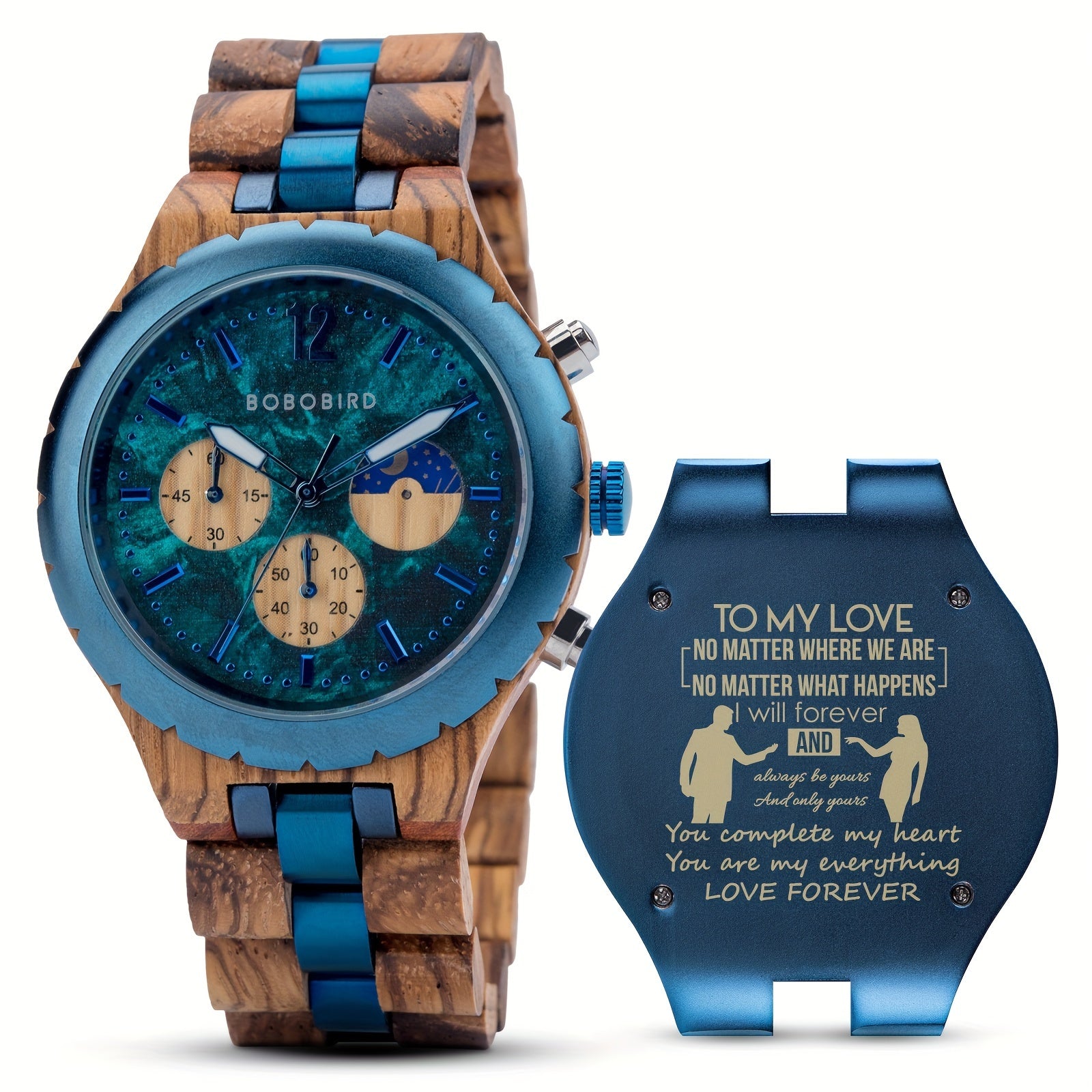 BOBO BIRD engraved wooden watch with blue accents and zebra wood band featuring turquoise chronograph dial and love message
