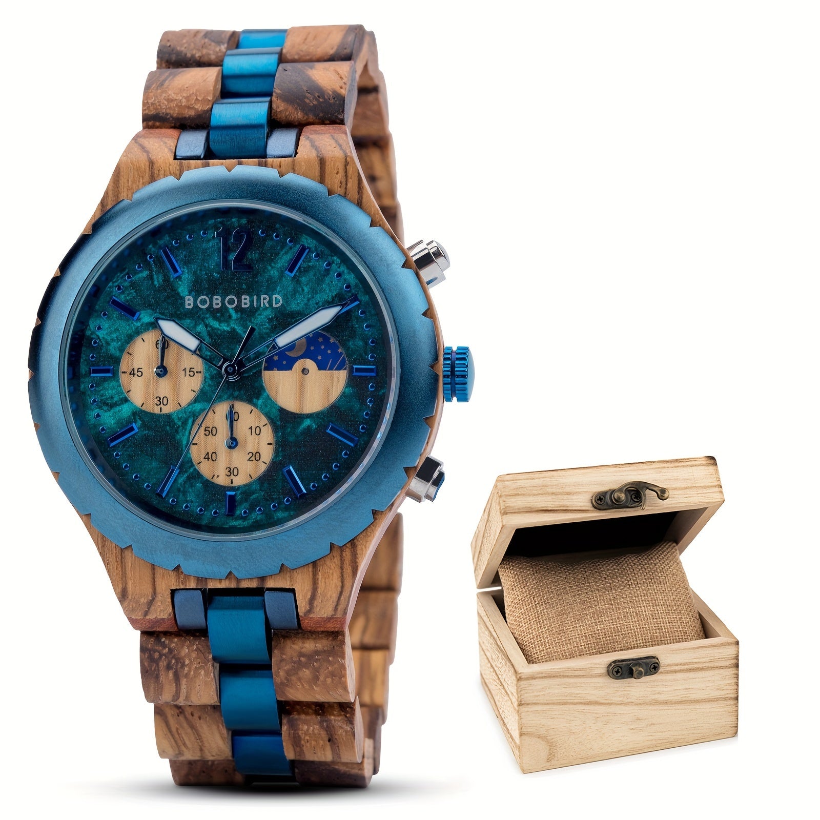 BOBO BIRD wooden watch with blue accents and chronograph display, zebra wood band and teal dial in wooden gift box