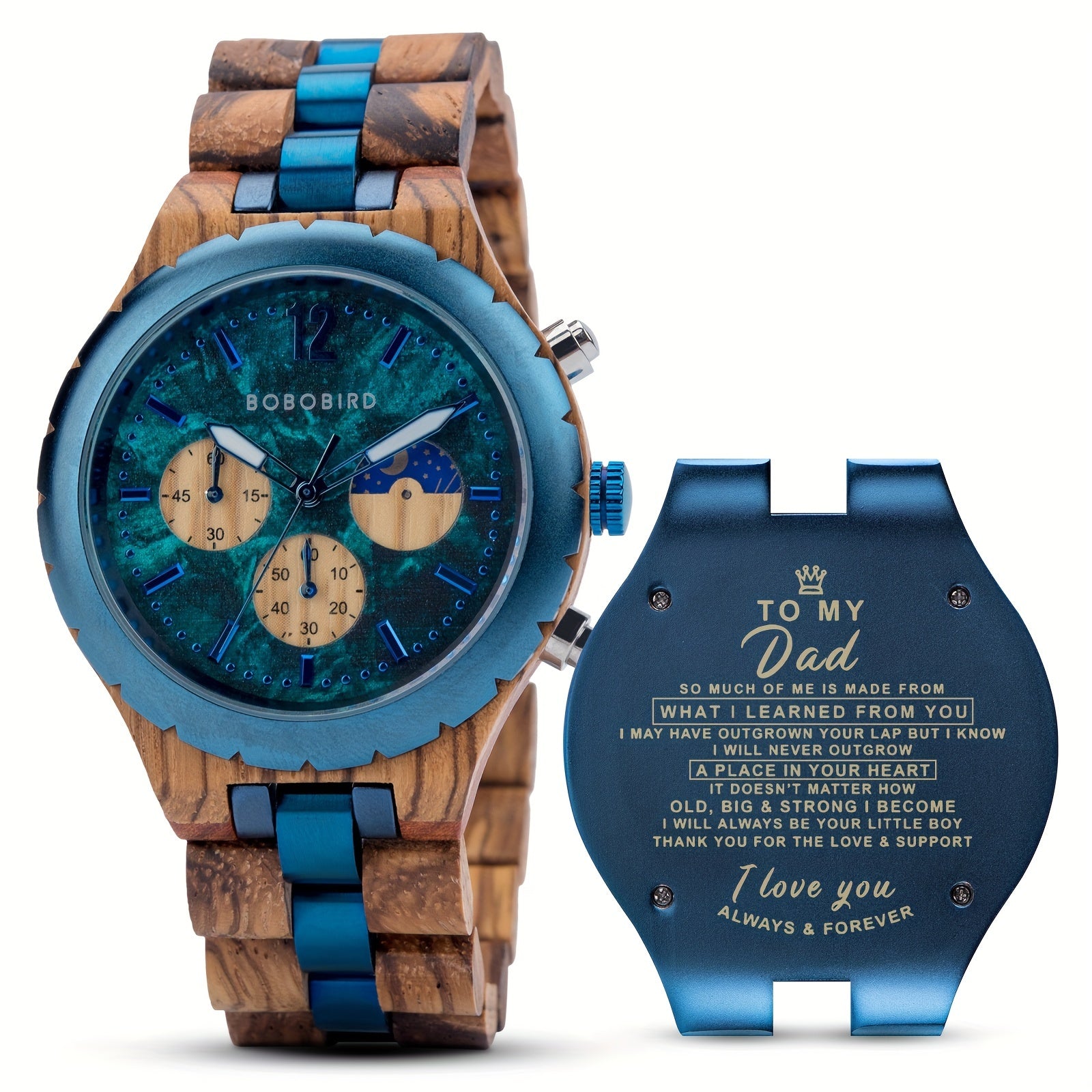 BOBO BIRD wooden watch with blue accents and engraved back plate - zebra wood and stainless steel chronograph timepiece