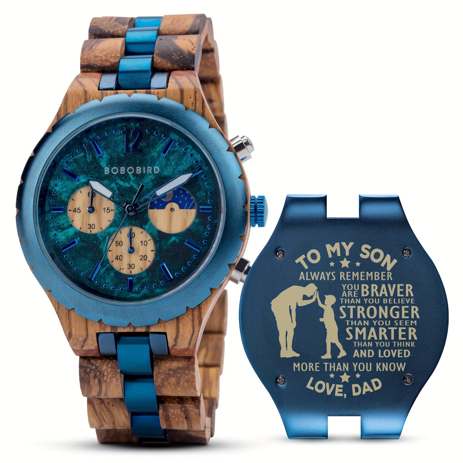 BOBO BIRD wooden watch with blue accents and engraved message - zebra wood band and turquoise chronograph face