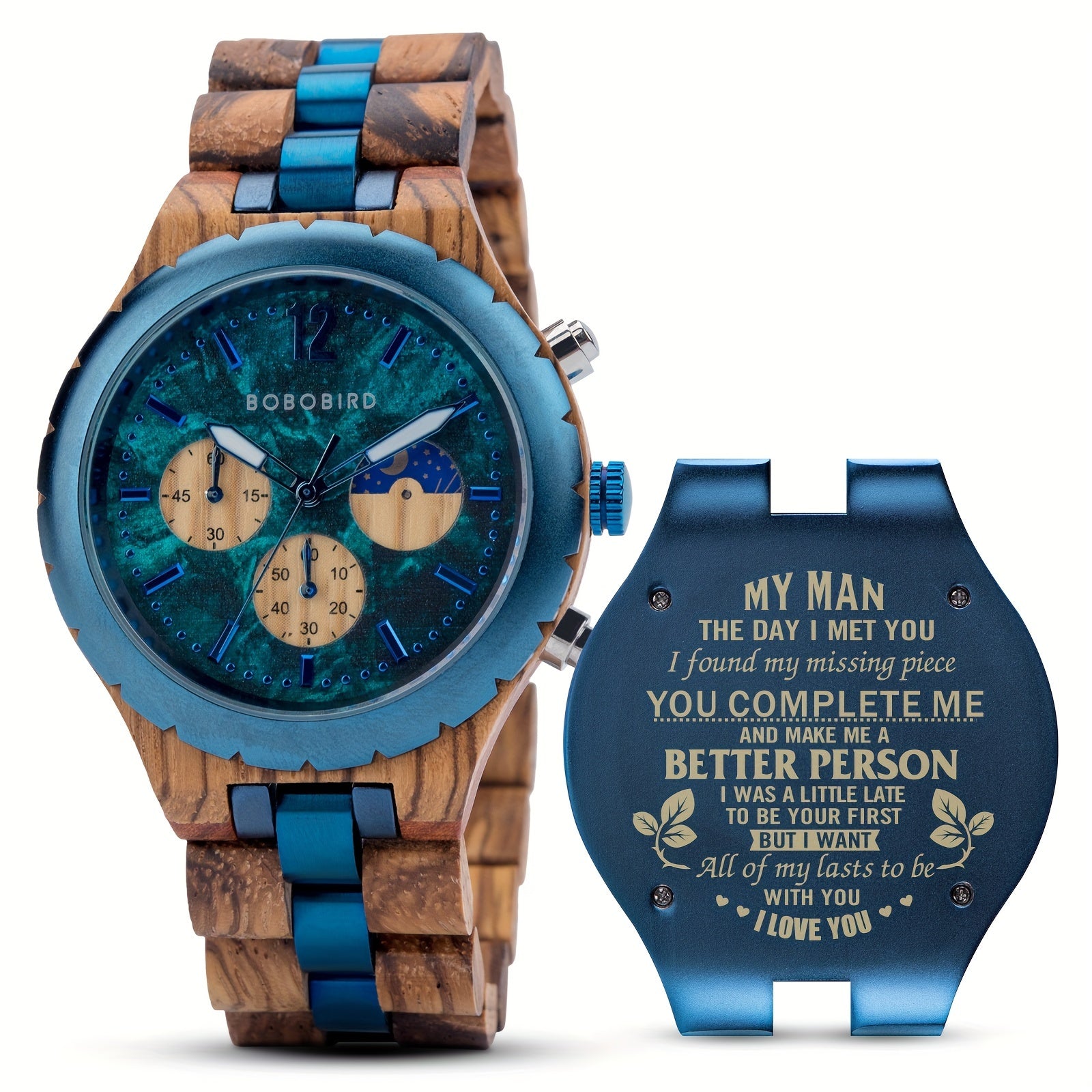 BOBO BIRD wooden watch with blue accents and engraved message, featuring zebra wood band and turquoise chronograph dial