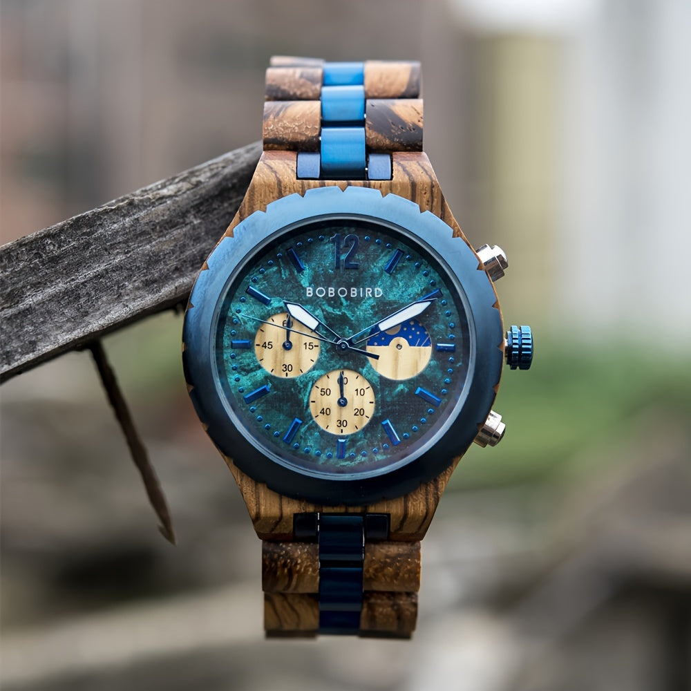 BOBO BIRD wooden watch with turquoise blue dial and zebra wood band featuring chronograph subdials and blue accents