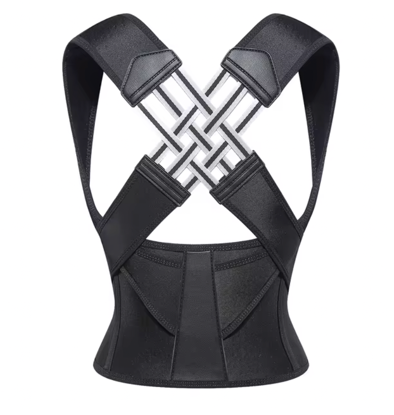 BackCrack Pro posture corrector in black with adjustable cross-back straps and metal support structure - shown on white background