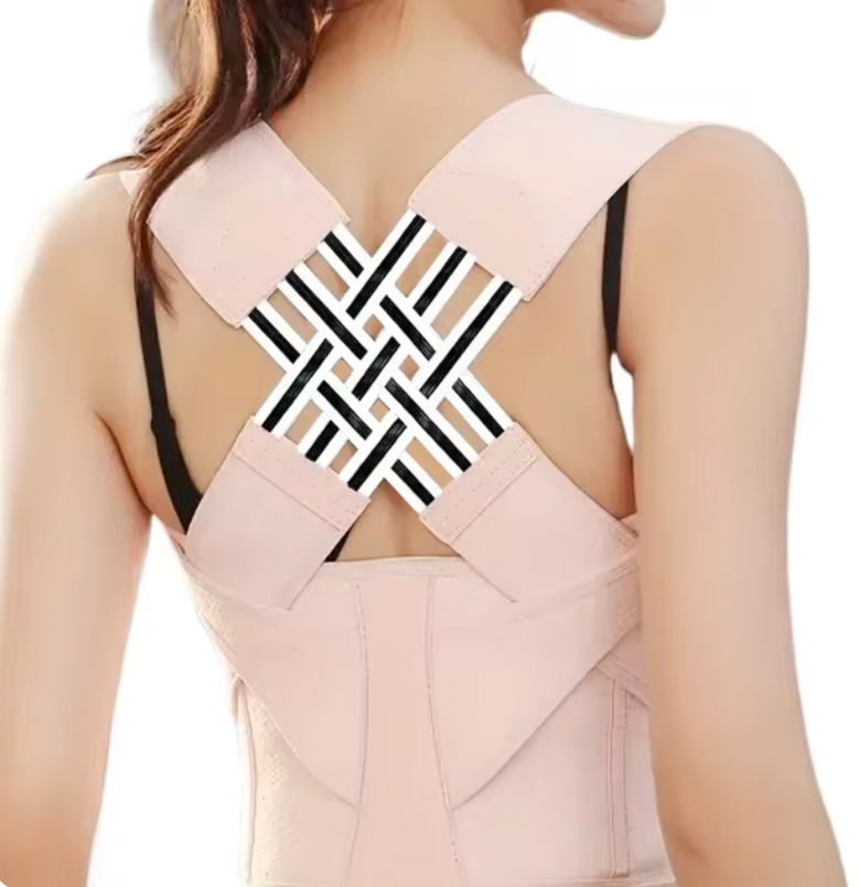 BackCrack Pro posture corrector in pink with X-shaped support straps and geometric pattern detail shown from back view