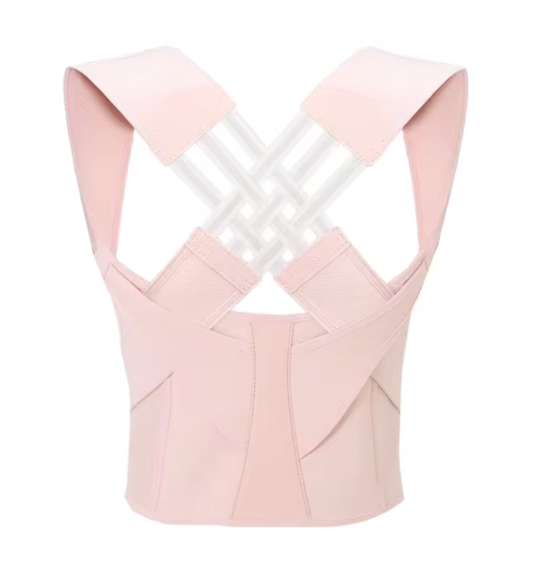 BackCrack Pro posture corrector in soft pink with adjustable cross-back straps and ergonomic support design