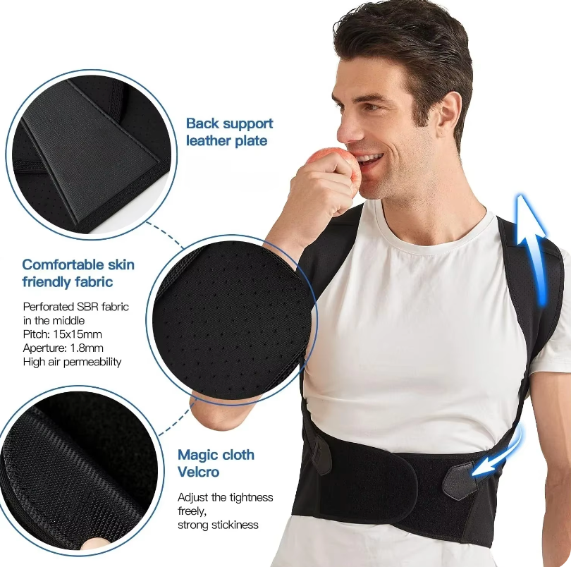 BackCrack Pro posture corrector showing black adjustable straps, leather support plate, and breathable fabric details