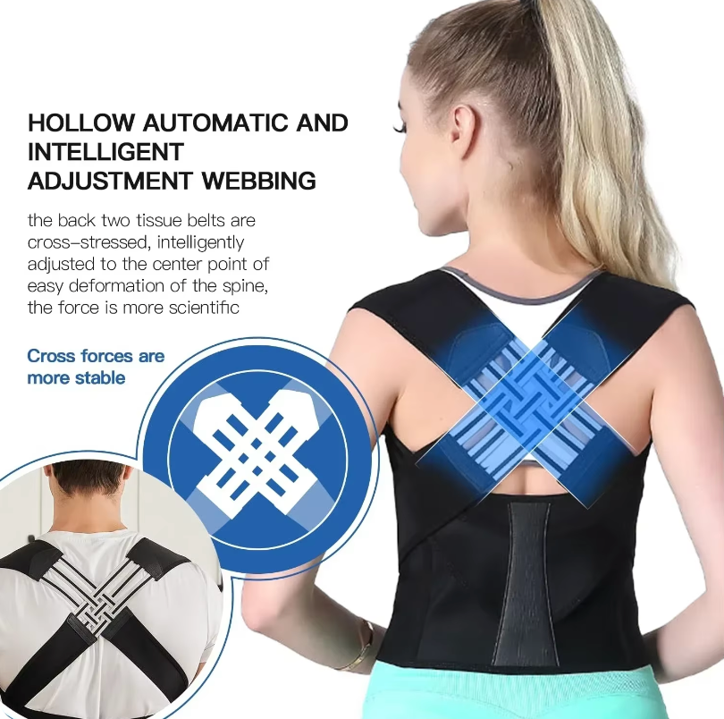 BackCrack Pro posture corrector shown in black with cross-webbing design and inset diagram demonstrating automatic adjustment feature