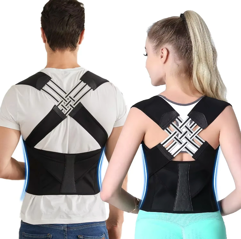 BackCrack Pro posture corrector shown on two people, featuring black cross-back straps with blue accents - back support design