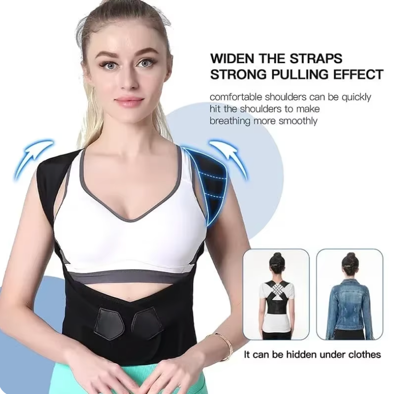 BackCrack Pro posture corrector with adjustable black straps shown on athletic wear - demonstration of shoulder support and concealment