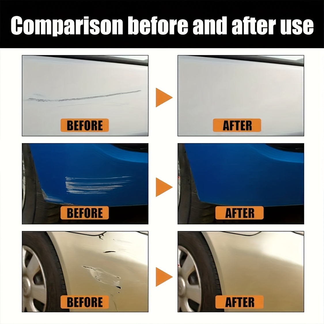 Before and after comparison showing Instant Scratch Eraser removing car paint scratches on white, blue, and beige vehicles