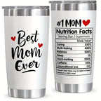 Best Mom Ever tumbler in white stainless steel with funny nutrition facts and heart design - double wall insulated