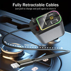 Black 4-in-1 retractable car charger with RGB lighting display, USB-C port and extendable cable shown in car dashboard setting