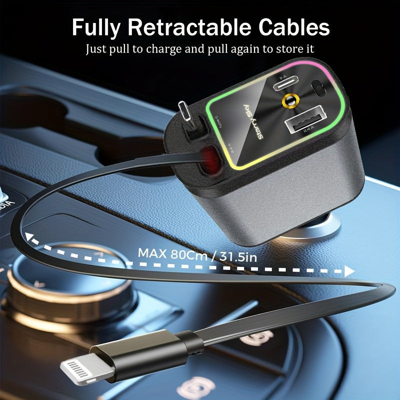 Black 4-in-1 retractable car charger with RGB lighting display, USB-C port and extendable cable shown in car dashboard setting