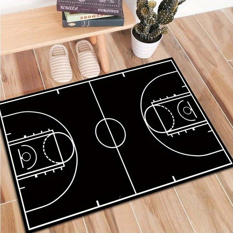 Black Basketball Court Rug featuring aerial view of court layout with white lines on black background, displayed on wooden floor