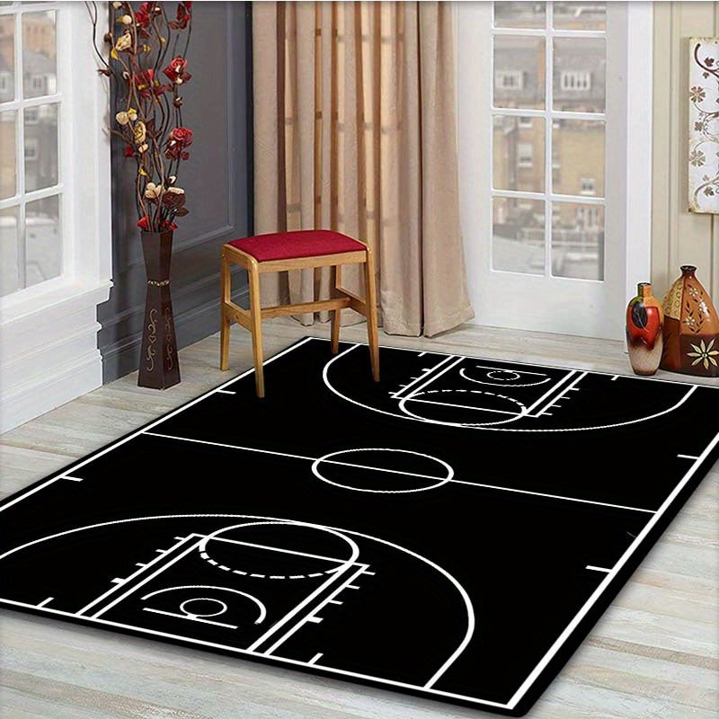 Black Basketball Court Rug featuring white court lines and key markings in modern living room with wooden floor and windows