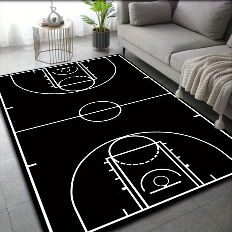 Black Basketball Court Rug featuring white court lines and markings displayed in modern living room with gray sofa