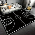 Black Basketball Court Rug featuring white court lines and markings on black background, displayed in modern living room setting