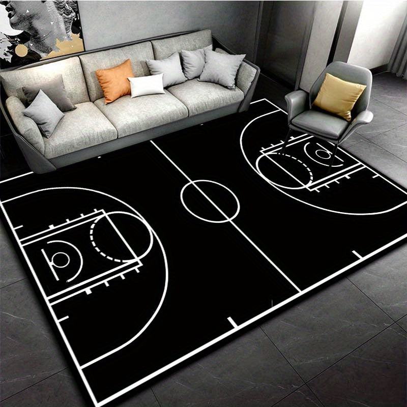 Black Basketball Court Rug featuring white court lines and markings on black background, displayed in modern living room setting