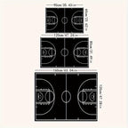 Black Basketball Court Rug shown in three sizes featuring white court markings, center circle, and three-point lines on dark surface