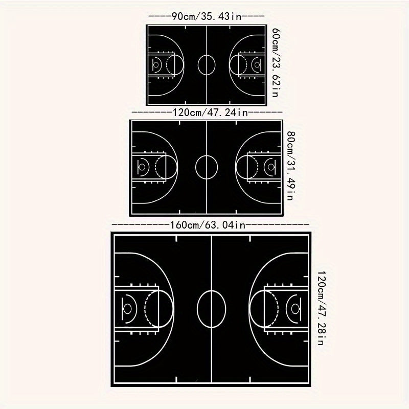 Black Basketball Court Rug shown in three sizes featuring white court markings, center circle, and three-point lines on dark surface