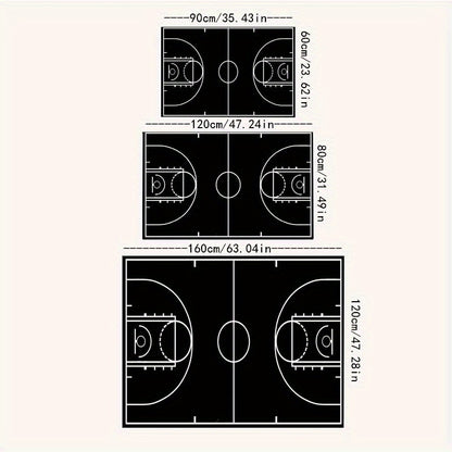 Black Basketball Court Rug shown in three sizes featuring white court markings, center circle, and three-point lines on dark surface
