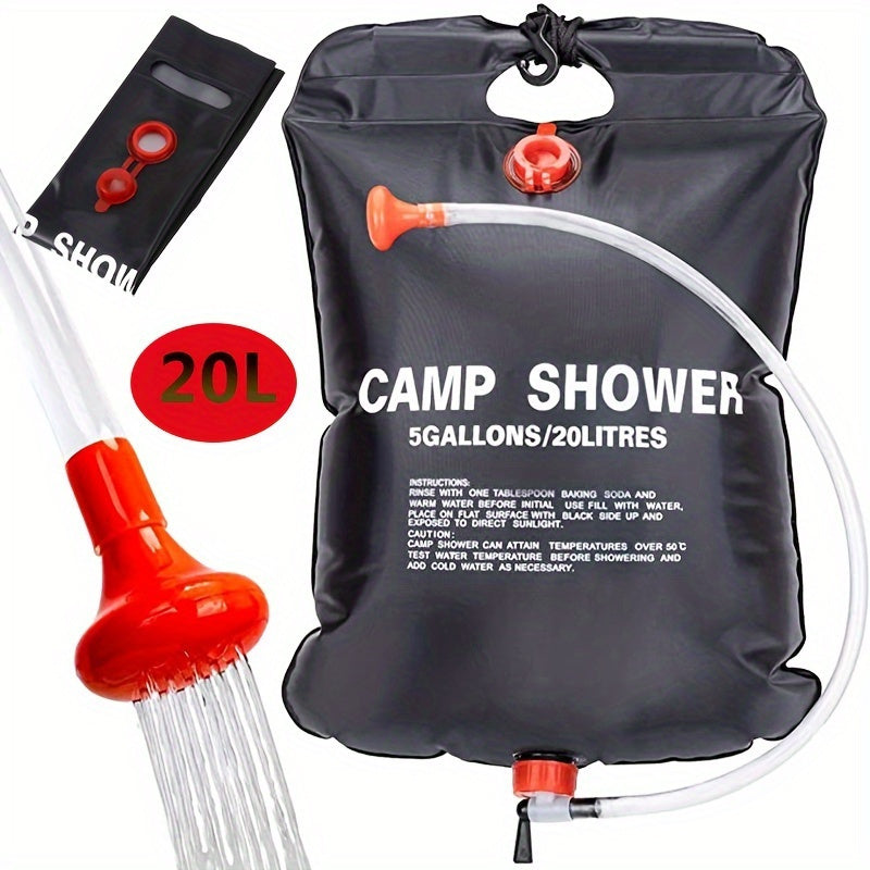 Black Camp Shower 20L portable bag with red nozzle and hanging hook - outdoor solar heating shower system with hose
