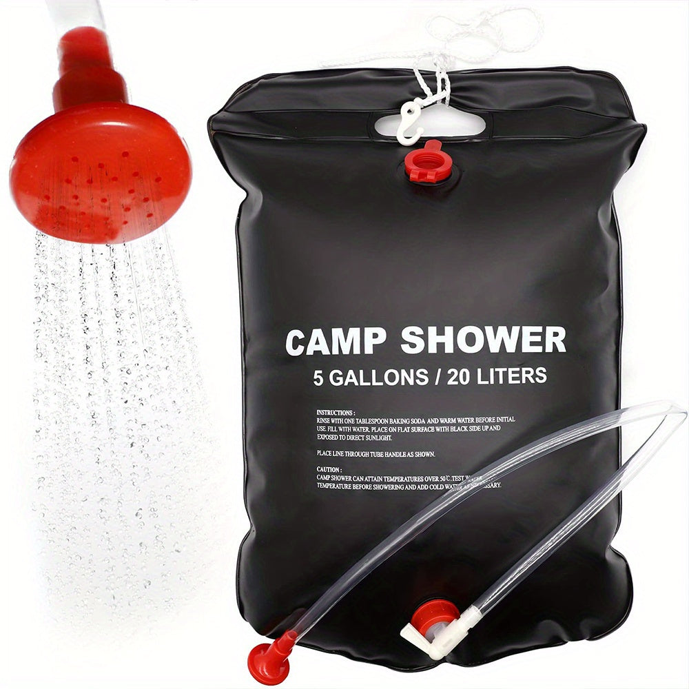Black Camp Shower bag with 5-gallon capacity and red shower head nozzle, showing water spray demonstration