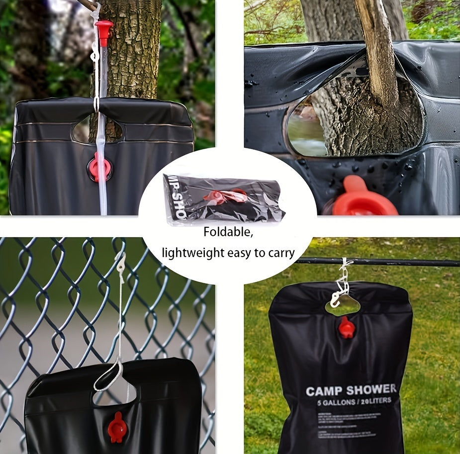 Black Camp Shower with 5-gallon capacity hanging on tree and fence - portable outdoor solar shower system shown folded and mounted