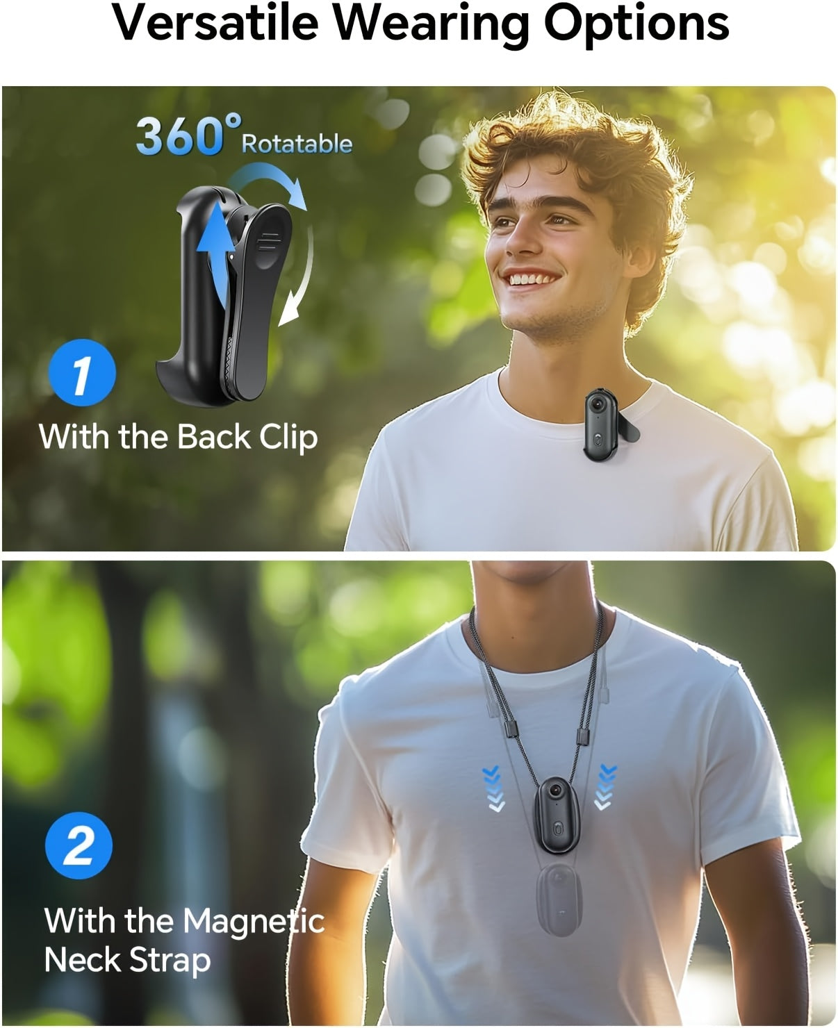 Black ClipCam 4K action camera shown with 360-degree rotatable clip and magnetic neck strap options on an outdoor model in white t-shirt
