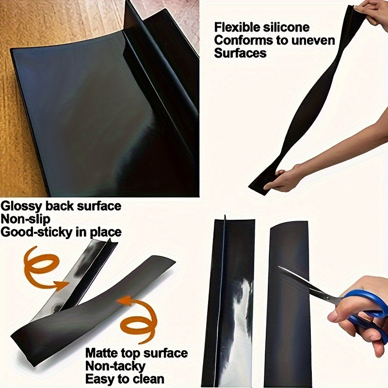 Black Kitchen Gap Guard silicone stove counter cover demonstrating flexible, non-slip design and easy installation with scissors for customization
