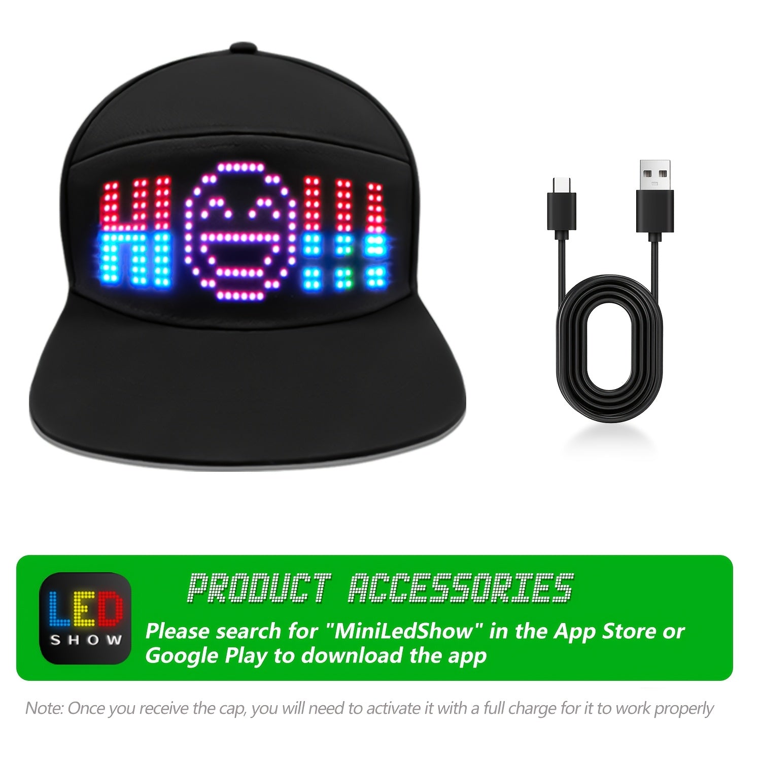 Black LED Smart Hat displaying colorful pixel pattern with happy face emoji and USB charging cable included