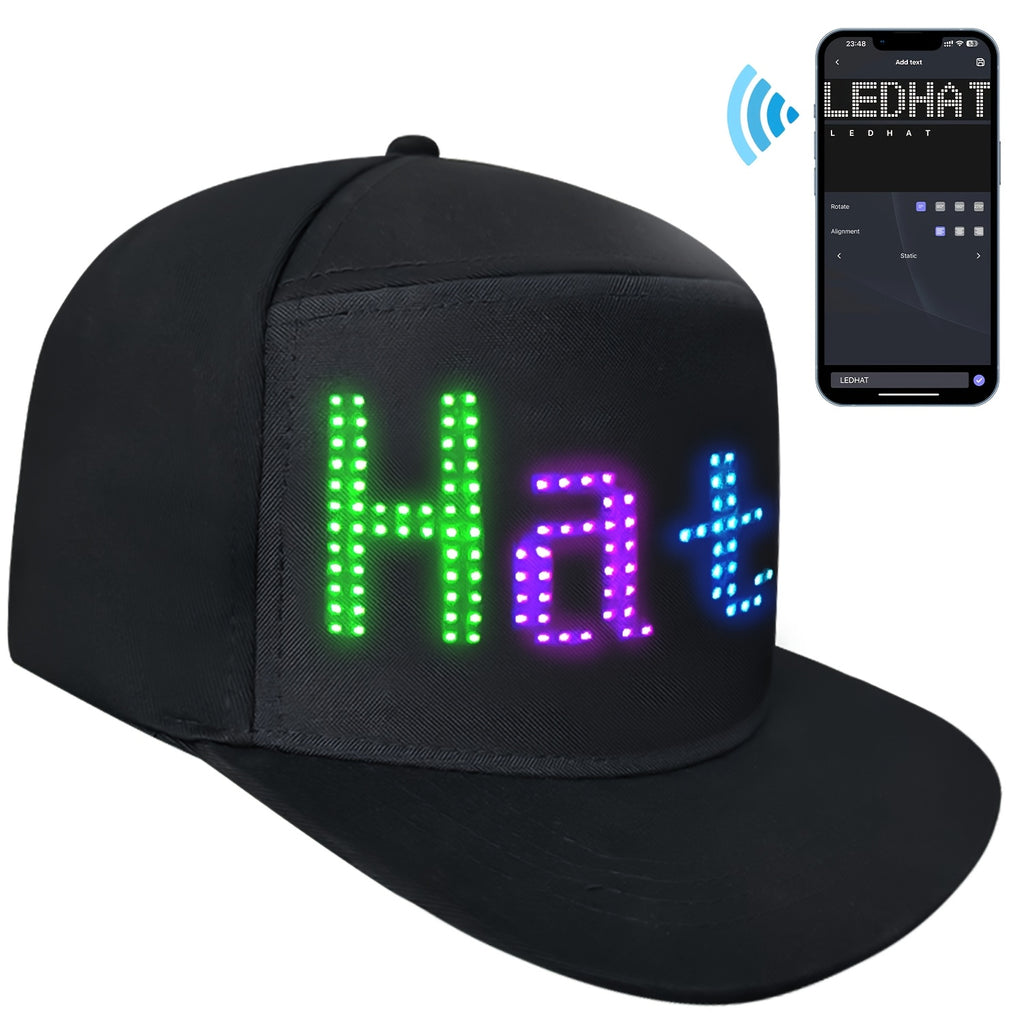 Black LED Smart Hat displaying colorful text with smartphone app control - customizable light-up snapback cap