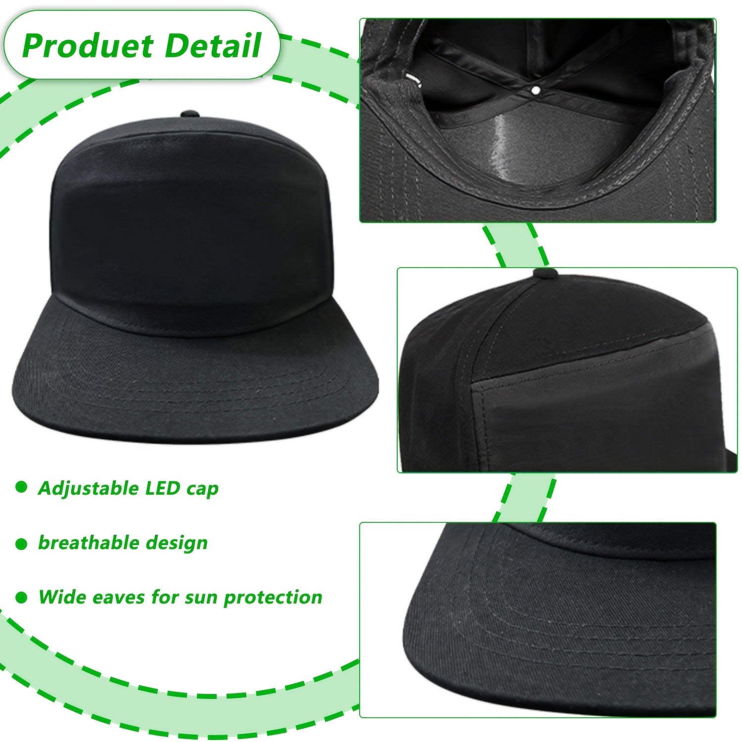 Black LED Smart Hat with adjustable snapback design shown in product detail view - customizable light-up baseball cap