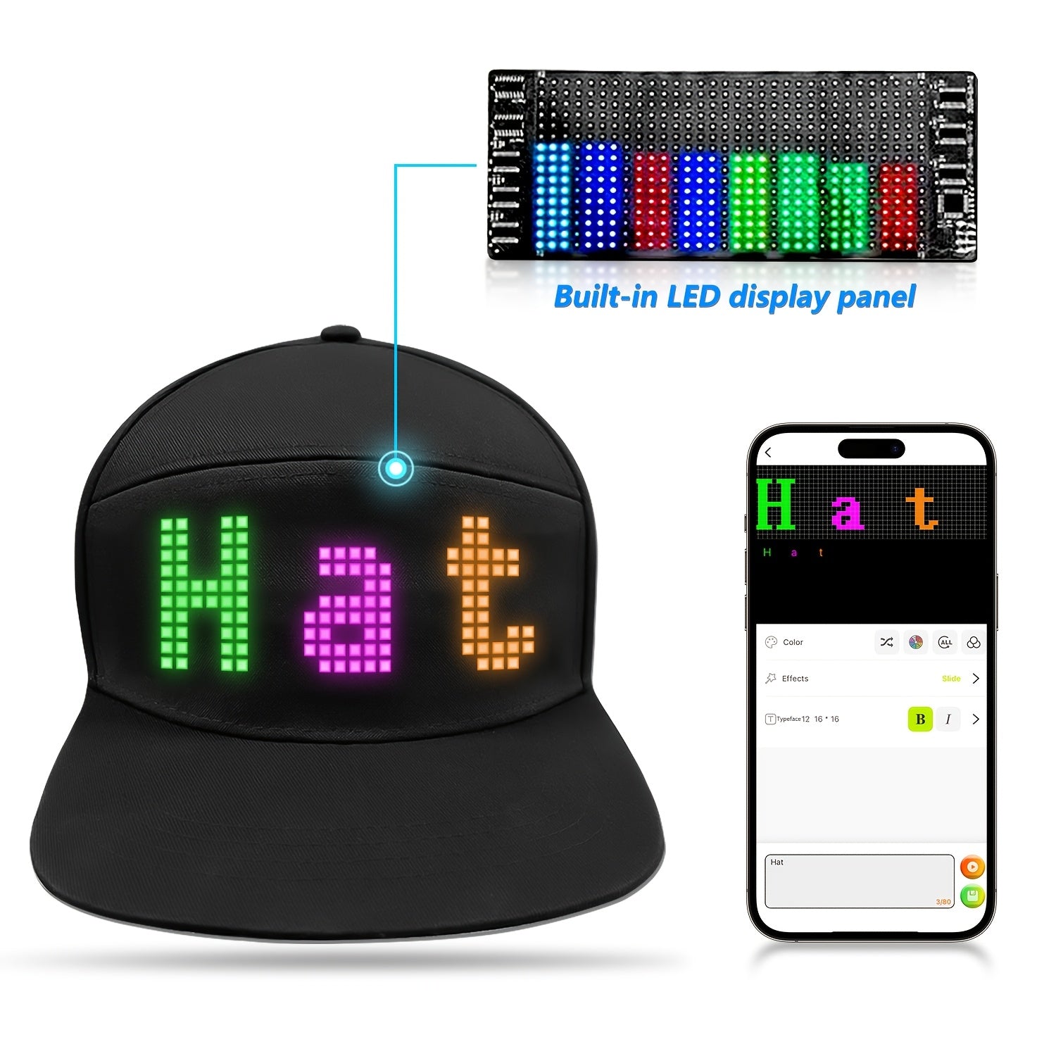 Black LED Smart Hat with customizable RGB display panel shown with smartphone app control and colorful text demo