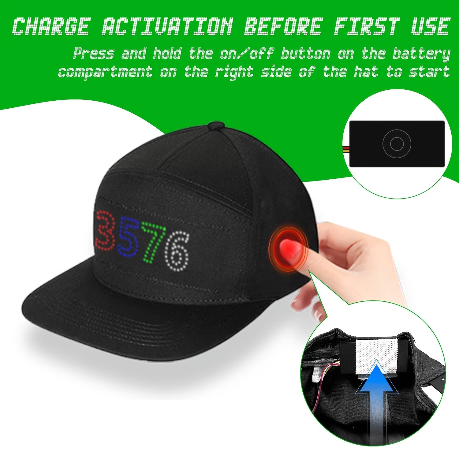 Black LED Smart Hat with customizable display panel showing colorful numbers 8576, featuring battery compartment and power button