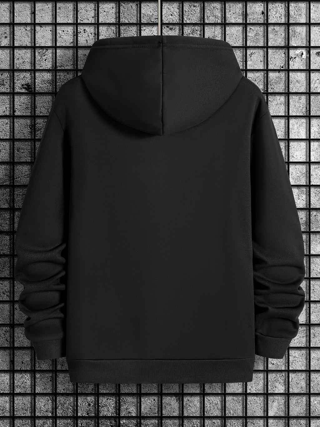 Black SHH No One Cares hoodie shown from back view displaying classic pullover design with hood against industrial grid background