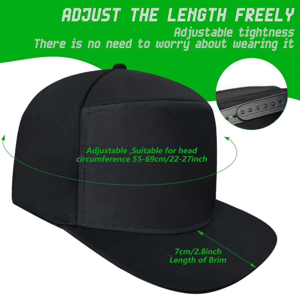 Black adjustable LED Smart Hat with snapback closure and measurement details shown on green background