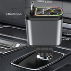Black and silver 4-in-1 retractable car charger with built-in projector displaying product dimensions in car interior setting