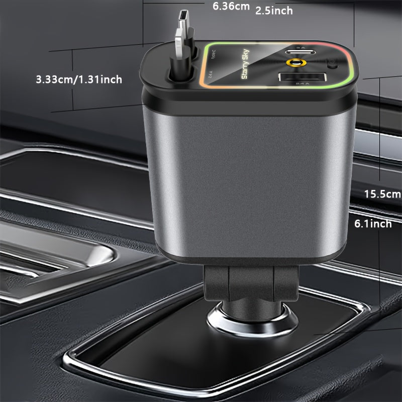 Black and silver 4-in-1 retractable car charger with built-in projector displaying product dimensions in car interior setting