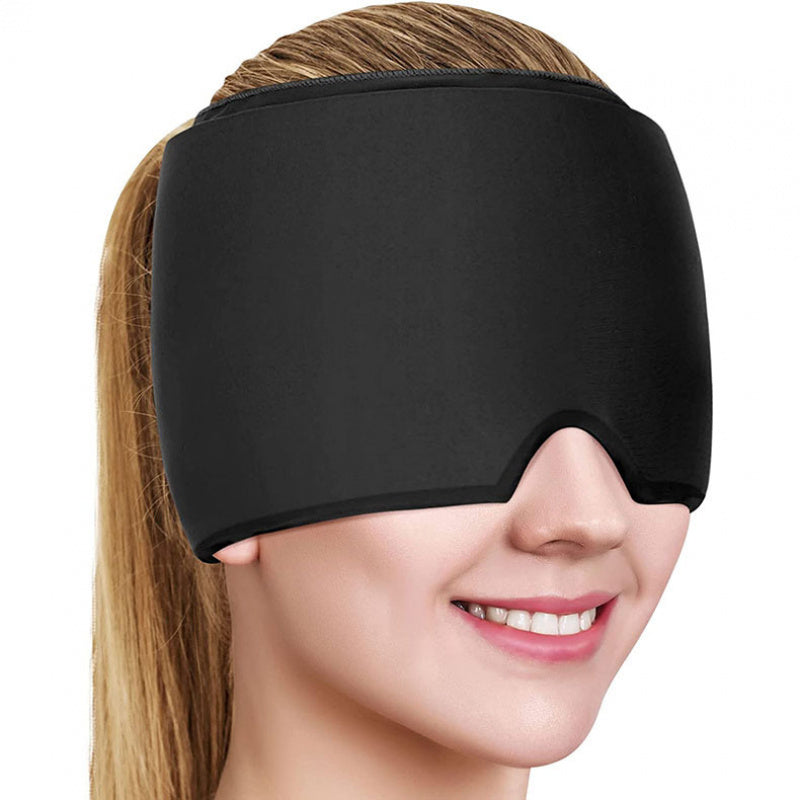 Black headache relief cap with eye coverage shown on model demonstrating comfortable fit and blackout effect
