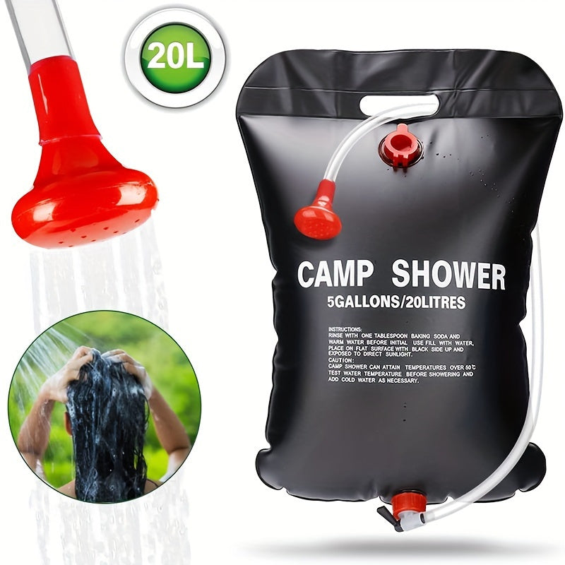 Black portable Camp Shower bag with 20L/5-gallon capacity featuring red shower head and hanging handle for outdoor use