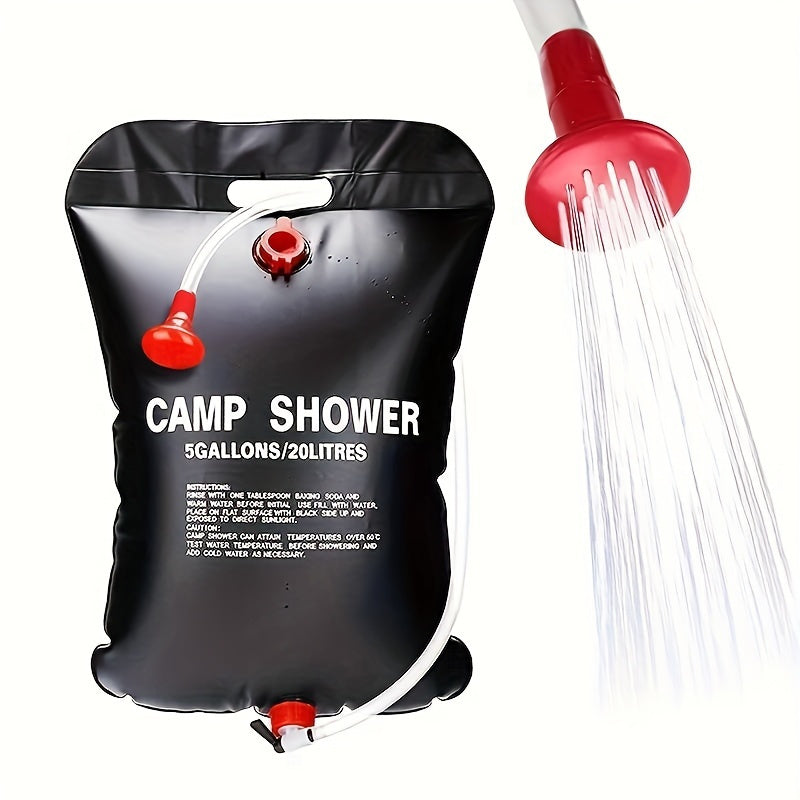 Black portable Camp Shower bag with 5-gallon capacity and red shower head nozzle showing water spray effect