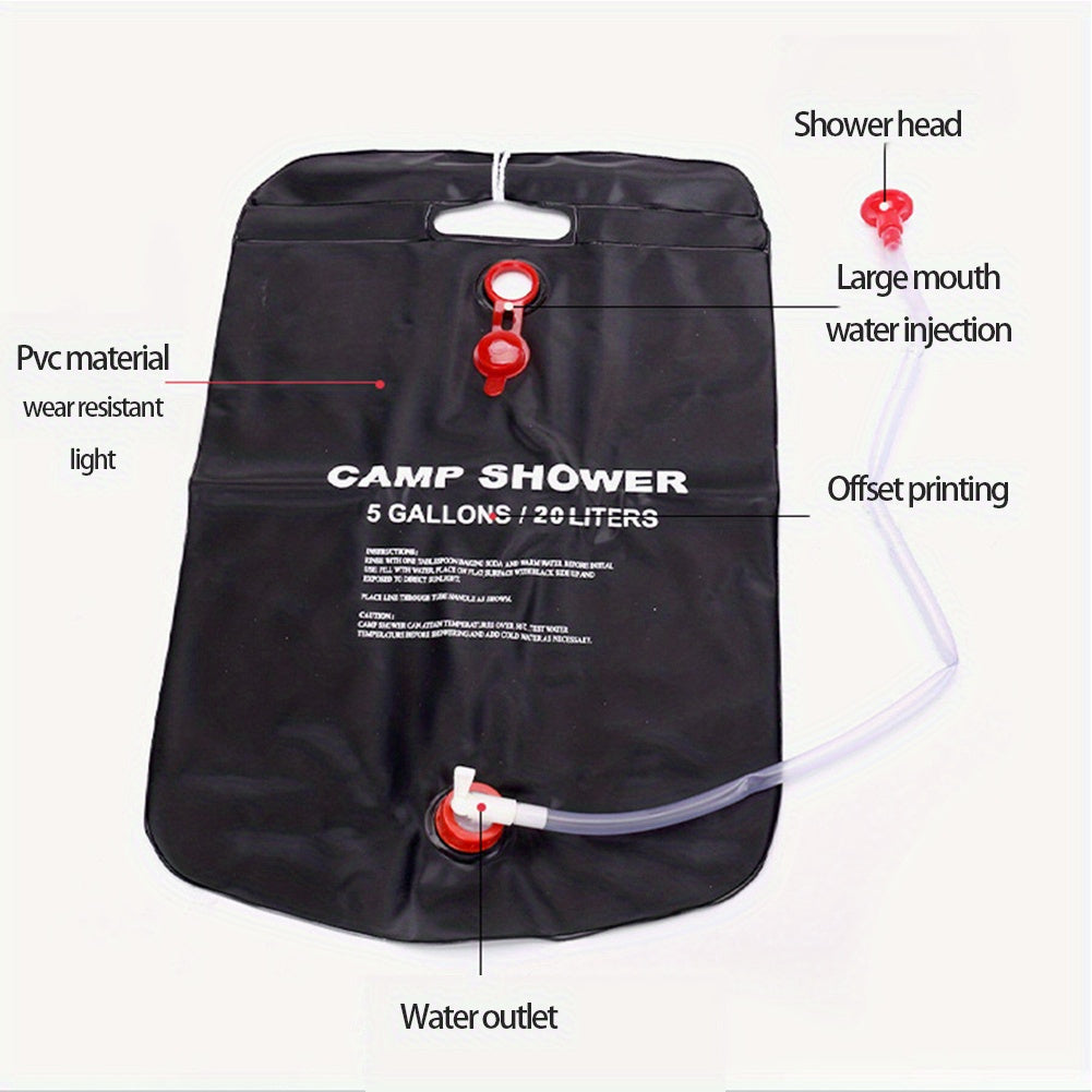 Black portable Camp Shower bag with 5-gallon capacity, featuring shower head, water inlet and outlet valves - outdoor camping gear