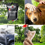 Black portable Camp Shower bag with solar heating hanging outdoors showing versatile cleaning uses in nature settings